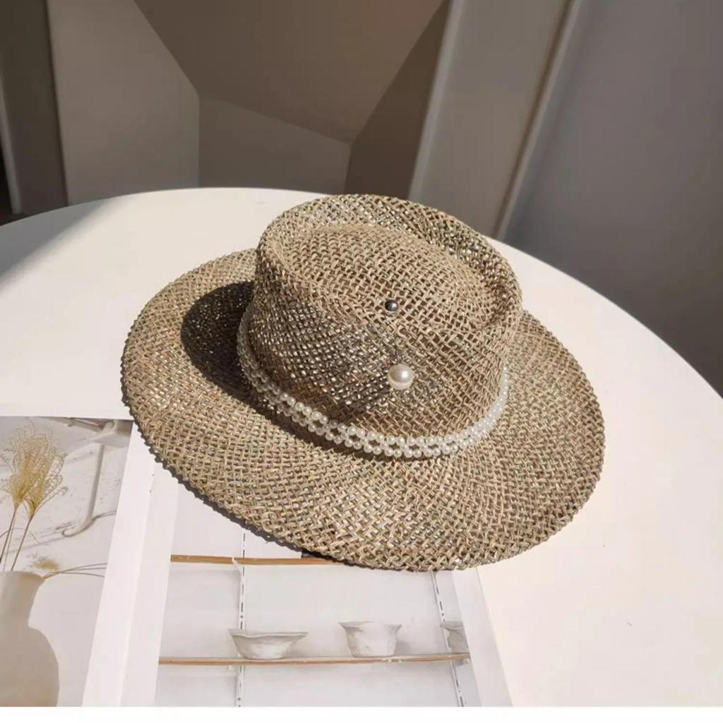 Yazlık hasır şapka inci iğneli kadın yazlık deniz kenarı güneşlik oyuk oluk düz tepe hasır şapka sombrero