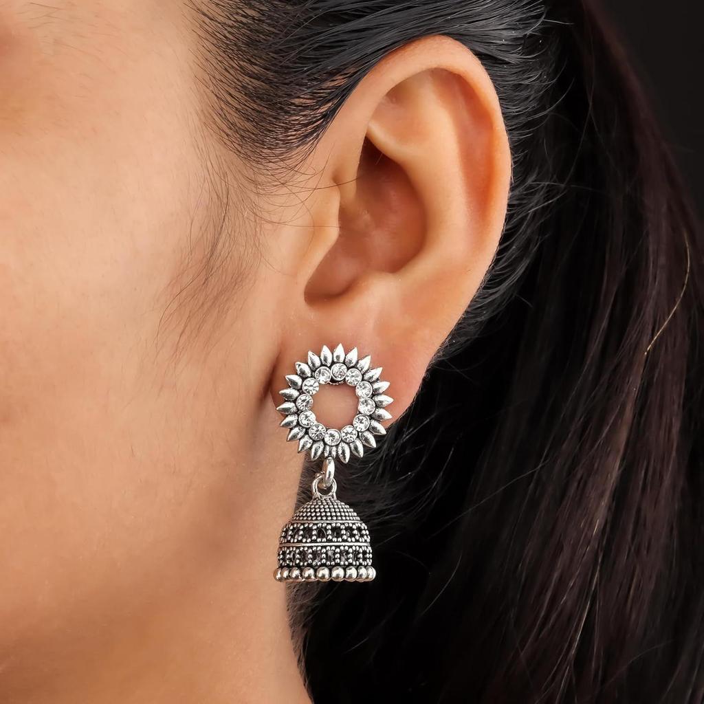 Moda feminina Jhumka Meenakari Kundans Oxidados Flor Templo Sul Indiano Brincos Tradicionais Conjunto estiloso Jhumki Grande Pacote Combinado de 6.