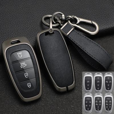 Zinc Alloy + Leather Car Key Case Cover For Hyundai Solaris Sonata Hybrid Nexo Nx4 New Grand Santa Fe Tucson
