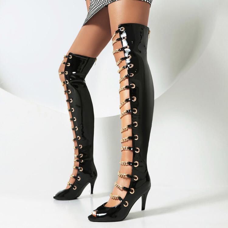 Fashion Summer Rivet Chain Fish Mouth Women Cool Boots Sexy Red High Heel Sandals Dress Party Over Knee Motorcycle Boots Size 34-48