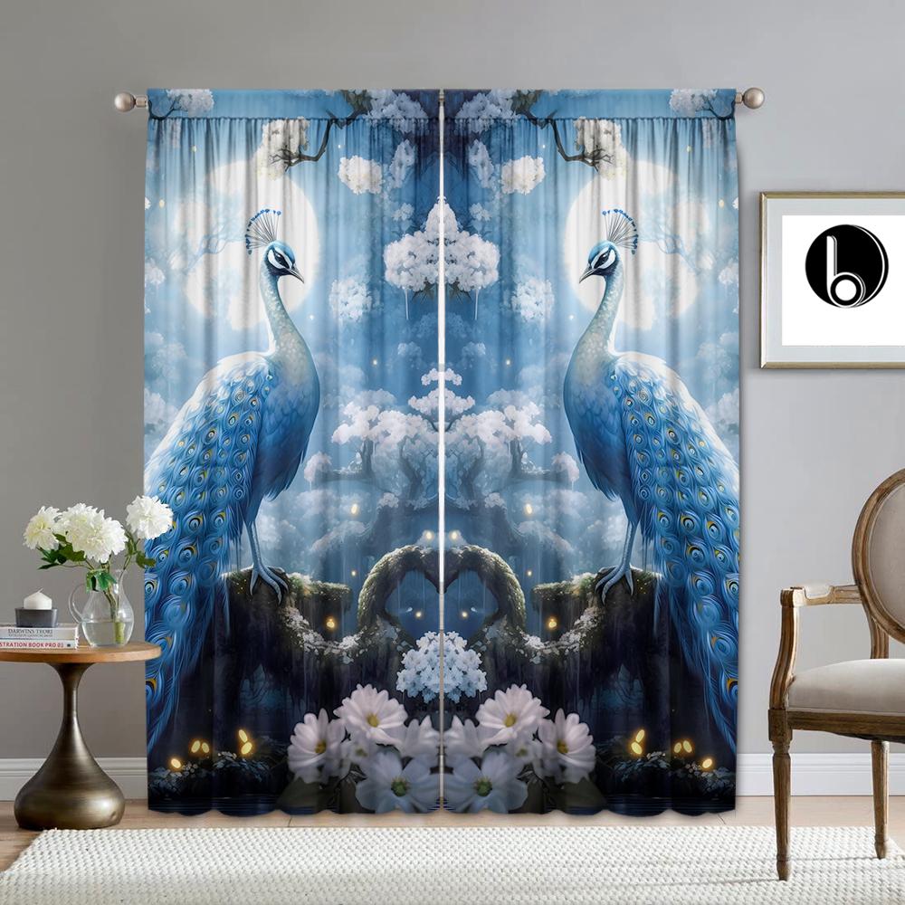 2PC Home Decoration Curtains, Peacock Background With Rod Pocket Curtains, Kitchen, Coffee Shop, Living Room, Balcony, Garden