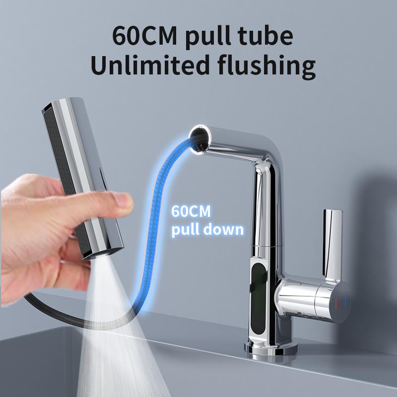 Stříbrný vodopád, výsuvná umyvadlová baterie, zvedací a sestupný proud, rozprašovač teplé a studené vody, umyvadlová baterie do koupelny