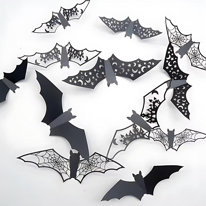 New Style 48PCS 3D Hollow Out Bat Sticker Mix Various Size Black Horror Bat Sticker Halloween Festive Atmosphere Decoration ZYF