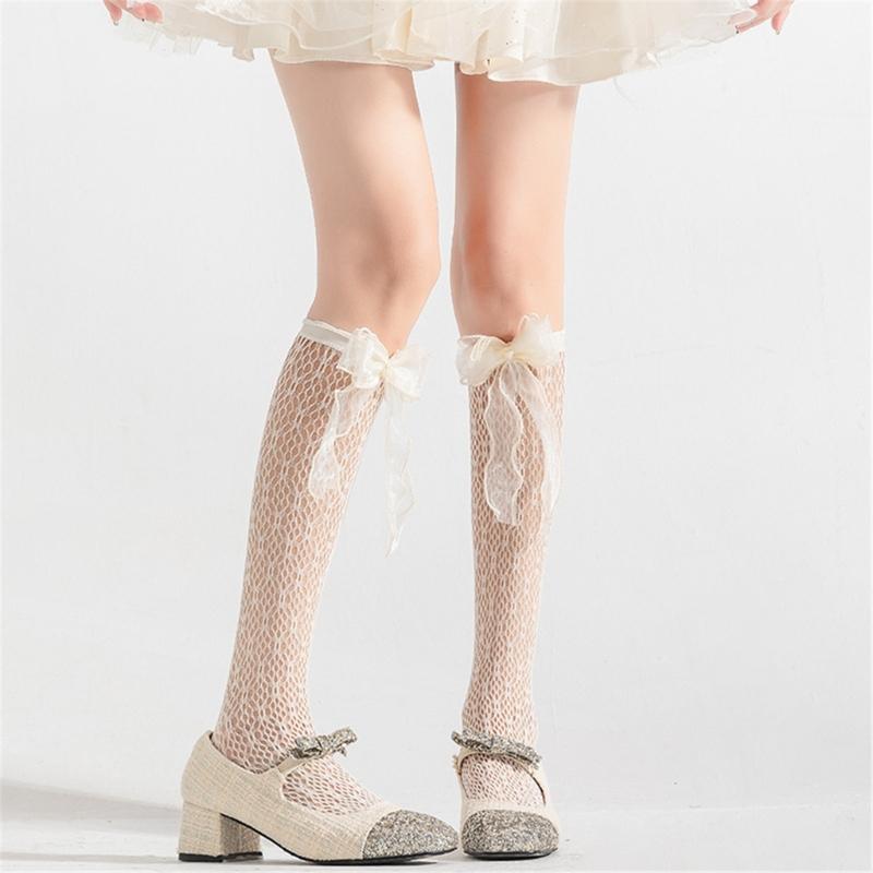 Japanese Style Fishnet Patterned Long Tube Socks for Women Girls Cute Pearl Bowknot Hollowed Out Mesh Over Calf Socks