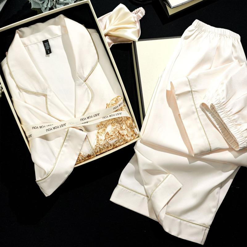 Loose Printed Short Three-piece Ice Silk Pajamas Women's Short-sleeved Suit Women's Summer Thin Soft Pajamas Set