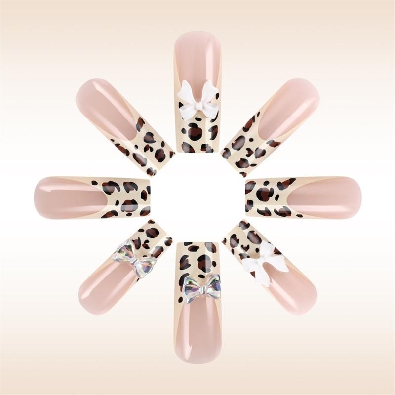 24 Pcs 3D Bows Artificial Nail French Tip Press On Nail Long Square Stick On Nail Leopard Print False Nail
