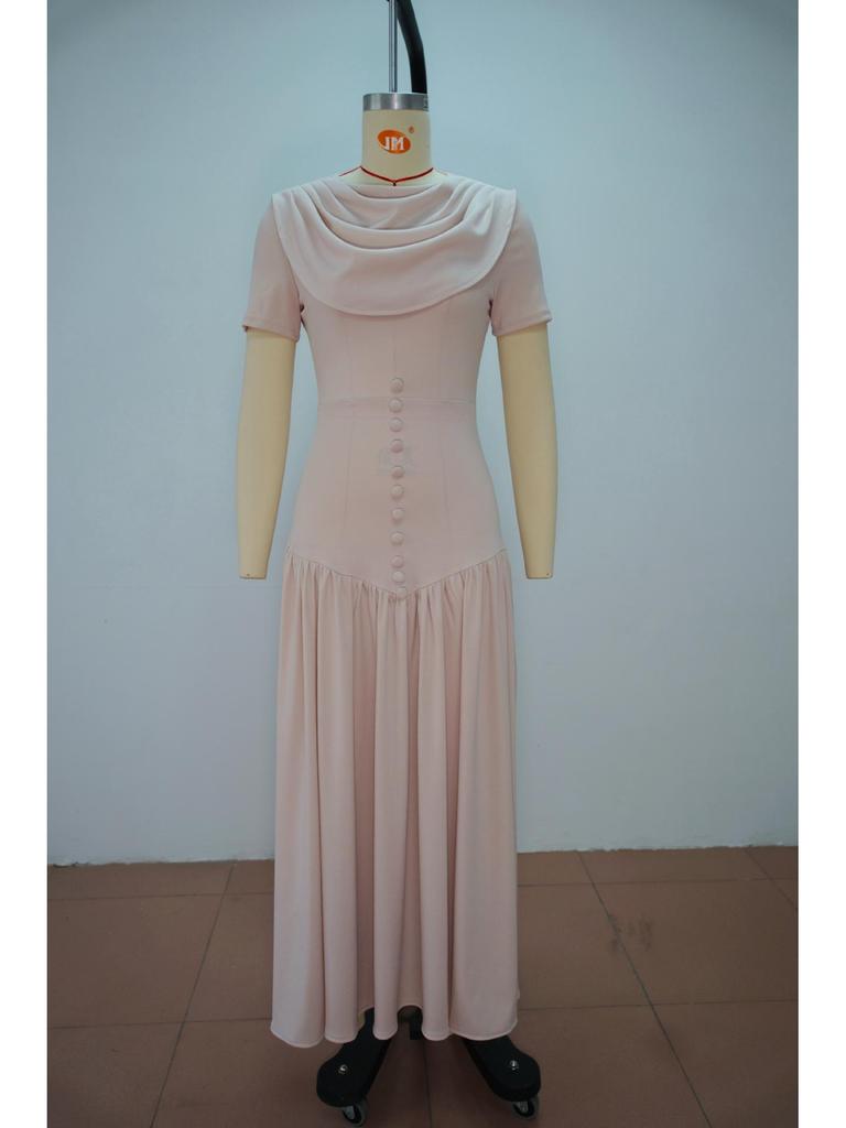 2026 Spring European & American Elegant Waist-Cinching Short Sleeve Solid Color Scarf Collar Dress