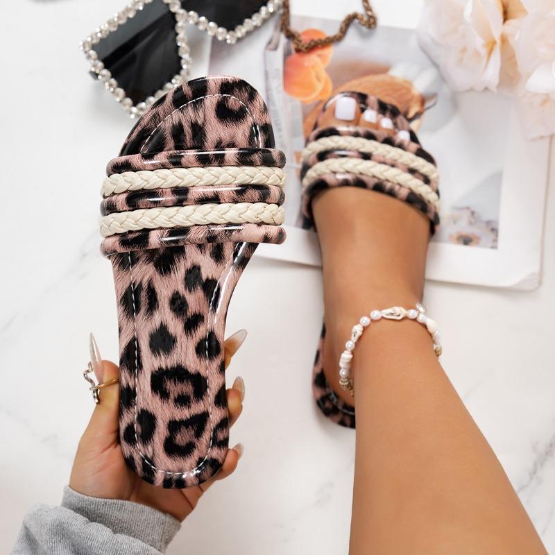 

Fashion 2025 Summer Plus Size Women s Round Toe Slipper Outdoor Daily Sandals Women with Mixed Colors Leopard Weave Low Heel Slippers 35