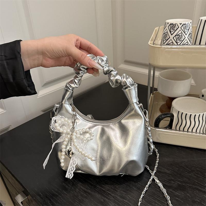 Beaded Bow Solid Color 2 New Casual Simple Design Chain Fold Work Small Carry Handbag Bag Woman