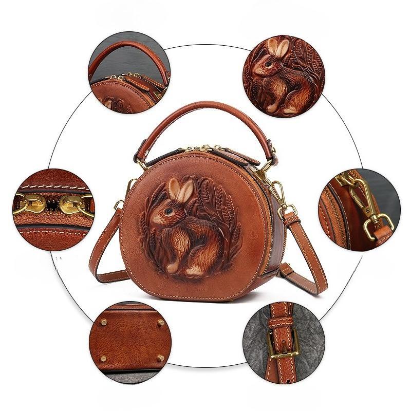Small Round Bag High Quality Genuine Leather Bag for Women New Women's Handbag Leather Bag Shoulder Bag Literary and Ethnic Style Messenger Bag