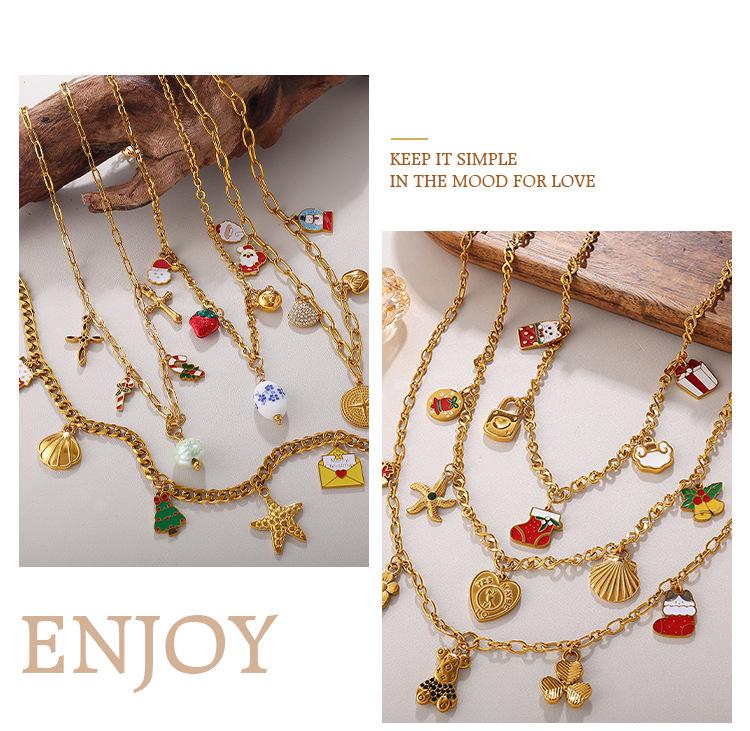Colar Pingente de Natal DIY Europeu e Americano: Aço Inoxidável Banhado a Ouro 18K, Design de Desenho Animado Fashion para Mulheres.