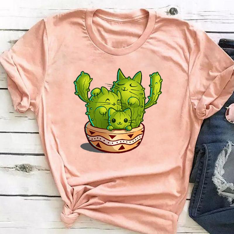 (Asian Size) Short Sleeve Print Cactus Trend Lovely Style Female T Clothing Summer Top Casual Ladies Graphic Tee Women's Fashion T-shirt