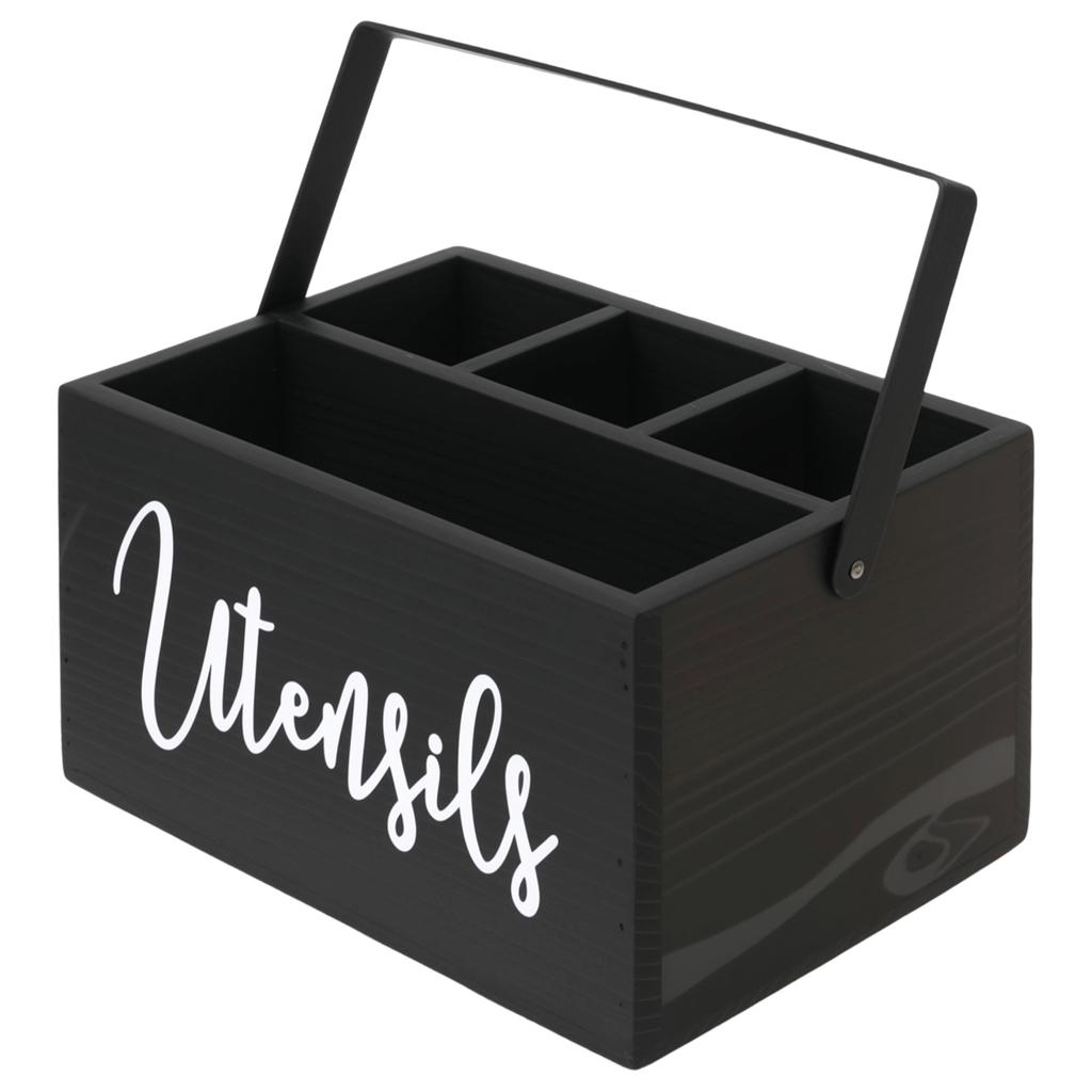 Wooden Tableware Storage Box with Handle and 4 Compartment Portable Silverware Storage Organization Box for Kitchen Counter