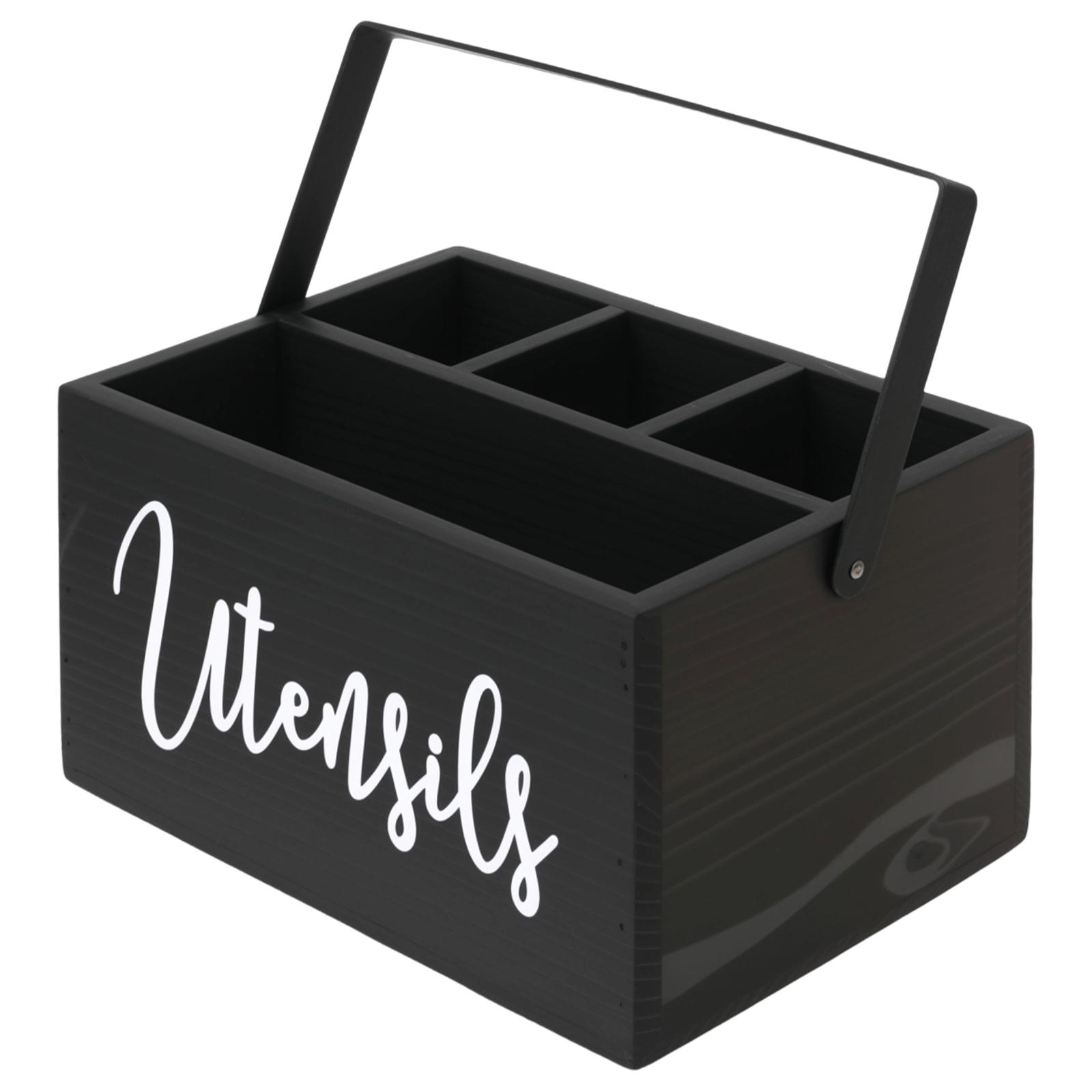 

Wooden Tableware Storage Box with Handle and 4 Compartment Portable Silverware Storage Organization Box for Kitchen Counter чорний