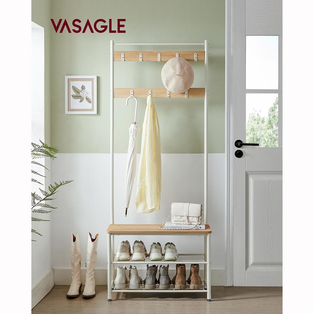 VASAGLE Coat Rack, Coat Stand with Shoe Storage Bench, Hall Tree with Shoe Rack, 3-in-1 Design, Steel Frame, for Hallway, Entrance, 32 x 70 x 175 cm