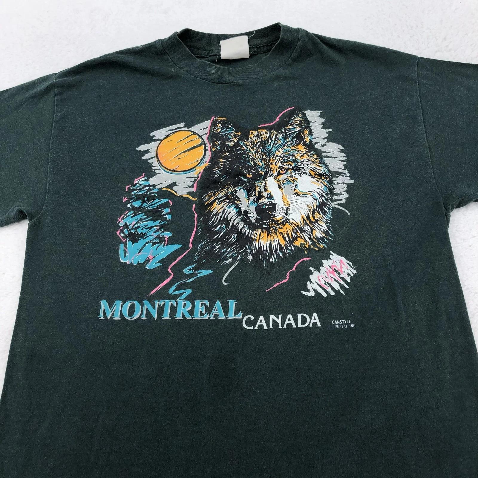 Vintage Montreal Canada Wolf Shirt Mens Medium Black Canstyle Graphic Tee 90s XL