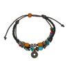 Bohemian Style Antique Copper Coin Pendant with Double-layer Leather Rope Woven Colorful Wood Bead Beaded Men's Lucky Bracelet