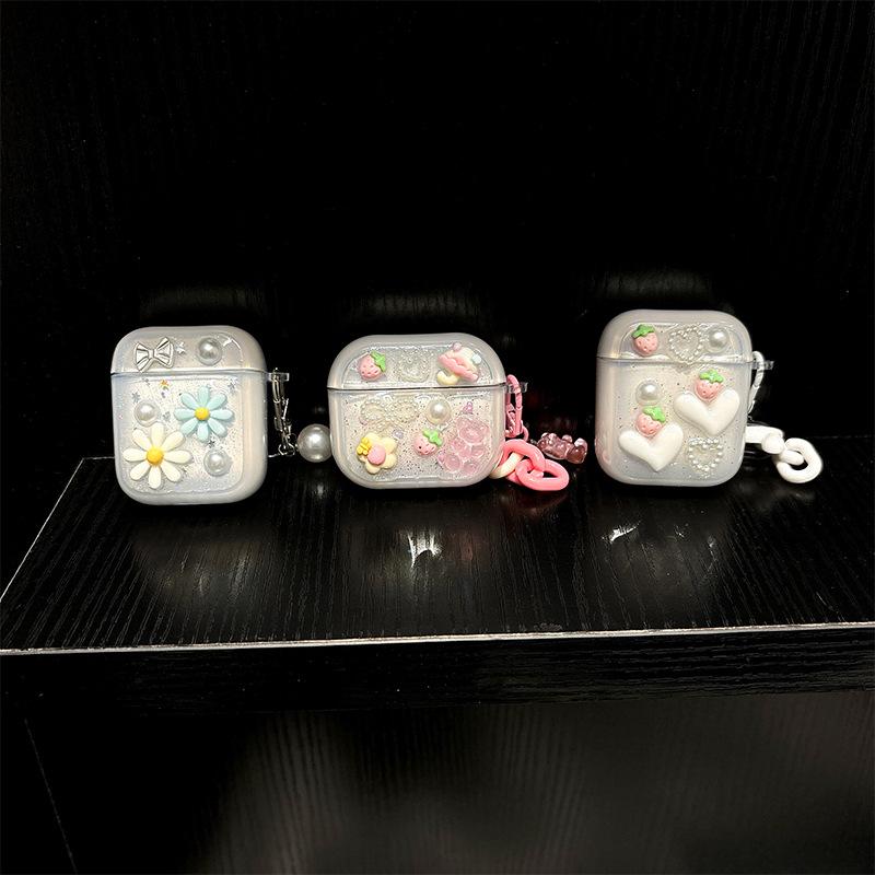 Love Strawberry Pearl Apple Bluetooth Headset Cover For Airpods 4 Glitter Pendant Airpods Pro Women