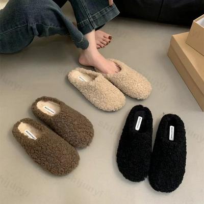 Fashion Warm Thicken Lamb Wool Slippers Women New 2024 Winter Fur Flat Mules Shoes Woman Designer Comfort Slip-on Outdoor Flat Slides