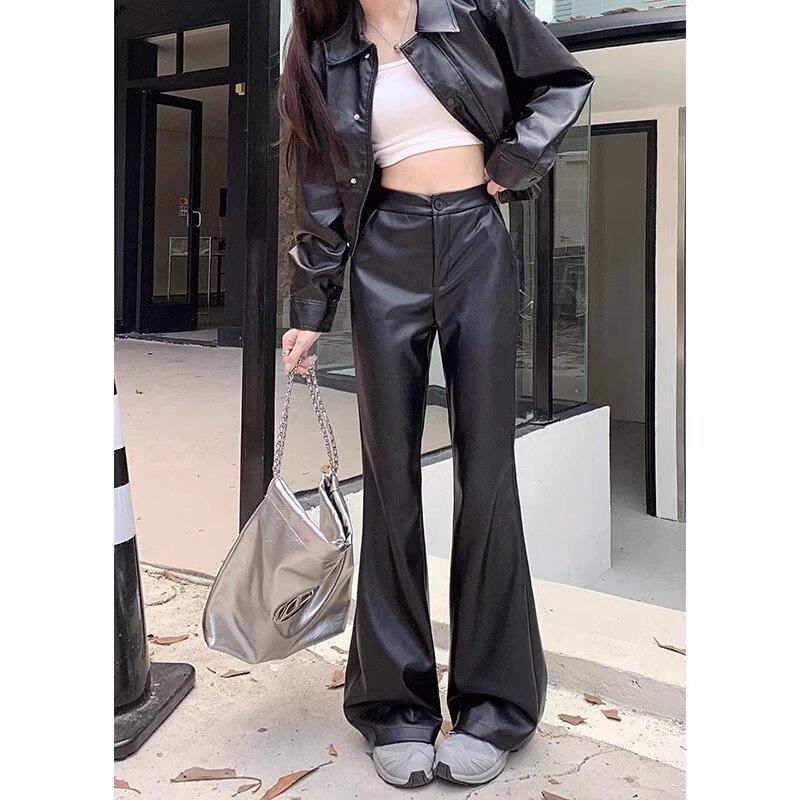 Women's Black Fall Slim-Fit PU Leather Slightly Flared Casual Slimming High-Waisted Long Pants