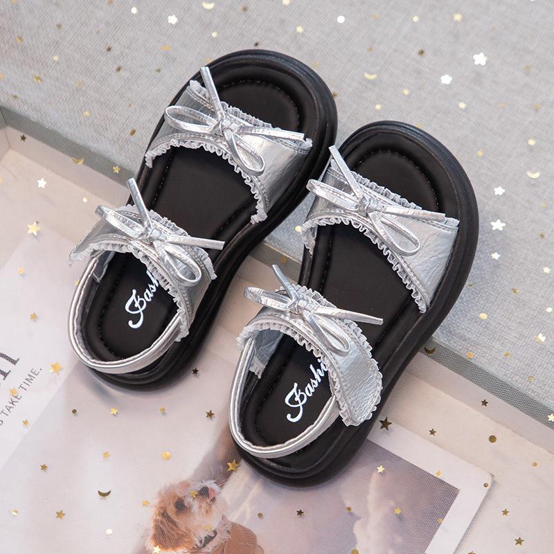 Lace Trim Girls Open-Toe Bow Sandals - Princess Style Soft Sole Summer Shoes 27