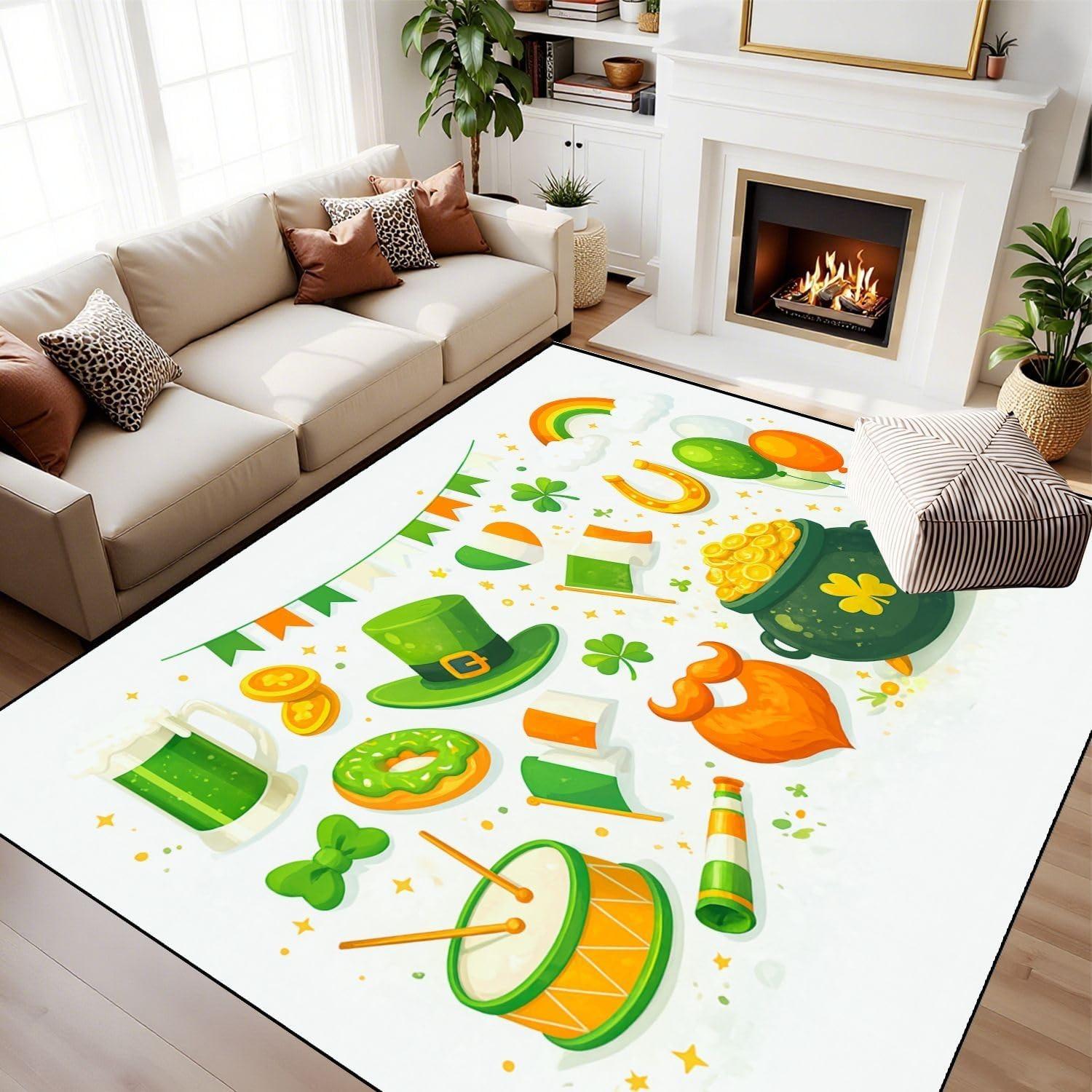 

St Patricks Day Rug Irish Clover Shamrock Decor Green Gold Harp Carpet Holiday Floor Mat Soft Non-Slip Home Living Room Decor 50x80cm