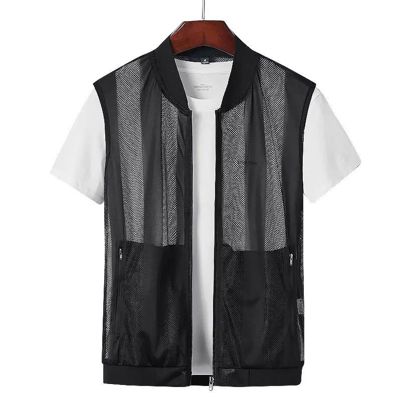Men's Plus Size Breathable Mesh Stand-Up Collar Vest with Multi-Pocket Design