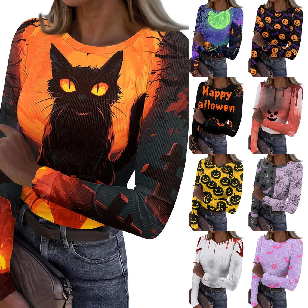 Women's Casual Ribbed Long Sleeve Top Halloween Print Round Neck Slim Fit Stretchy Knit Shirt for Fall Seasonal Wear