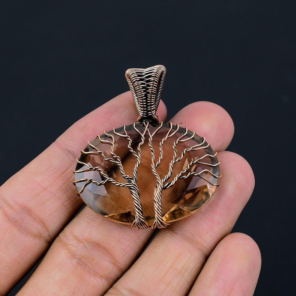 DoubleTree of Life Morganite Gemstone Copper Wire Wrap Pendant Jewelry Gift