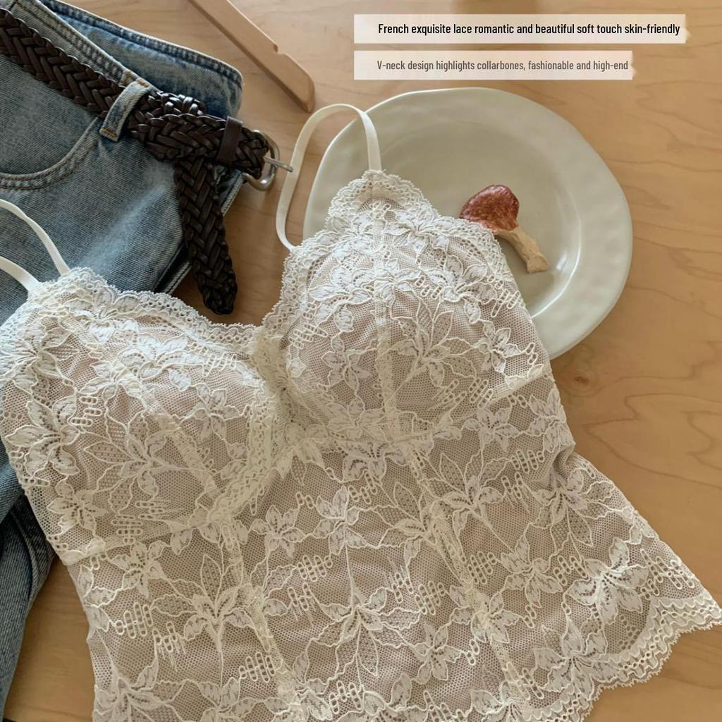 6099 French Style Lace Camisole with Fixed Cup for Women - Reduces Side Breast Bulge