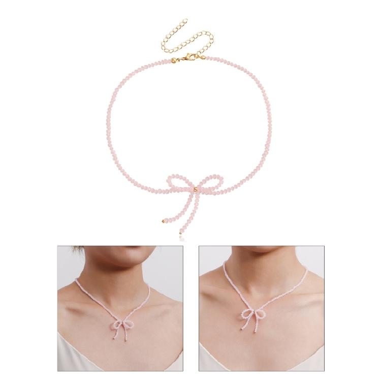 Elegant Crystal Beaded Bowknot Necklace Women Simple Clavicle Chain Choker