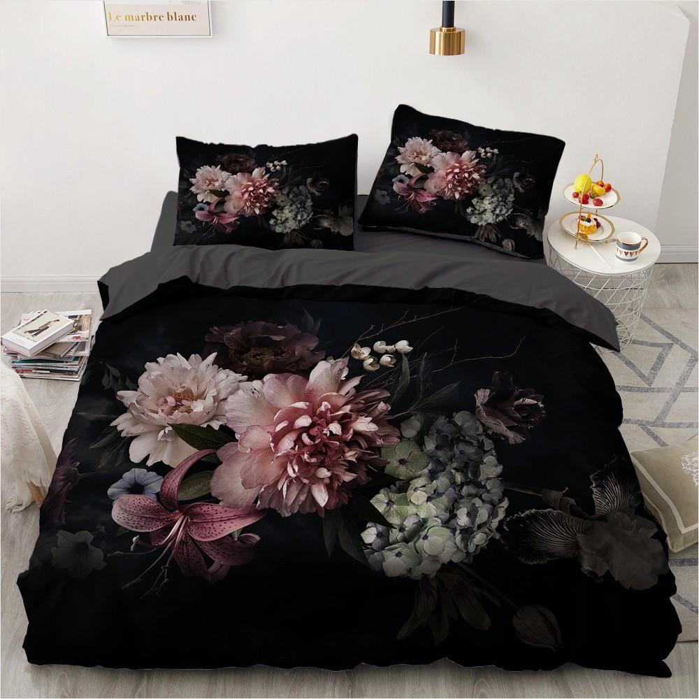 Red Floral King Queen Full Duvet Cover 3D Romantic Flowers Bedding Set For Kids Teens Adults Plant Grey 2/3pcs Soft Quilt Cover