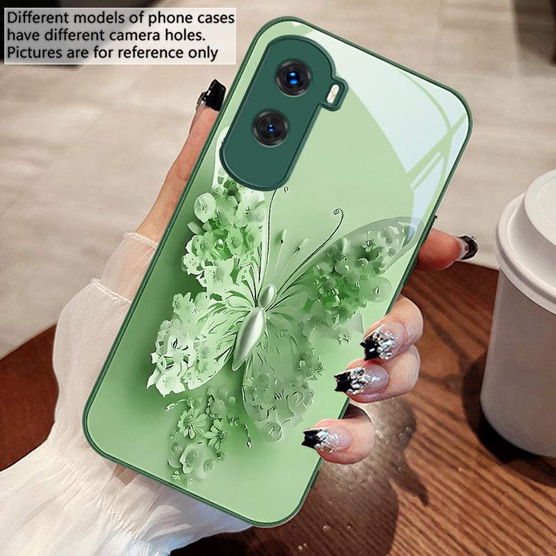 Green Flower Butterfly For Honor 30 50 50SE 70 Pro 90 200 200Pro Magic 4 5 7 Lite X9c Smart X50i Plus X9 X30 Glass Phone Case