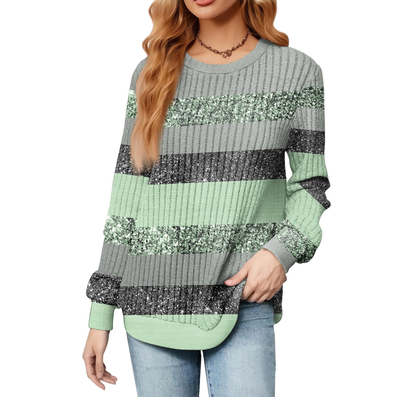 

Fashionable Women s Long Sleeved Striped Printed Lightweight Sweater With Loose Round Neck Top L зелений