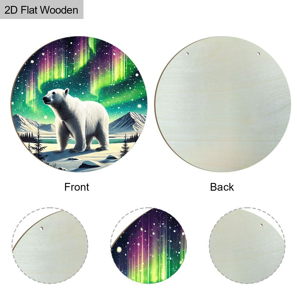 2D flat wooden hanging decorative signs, home wall or door decoration, garden decoration, the pattern is a polar bear and aurora, gifts for friends