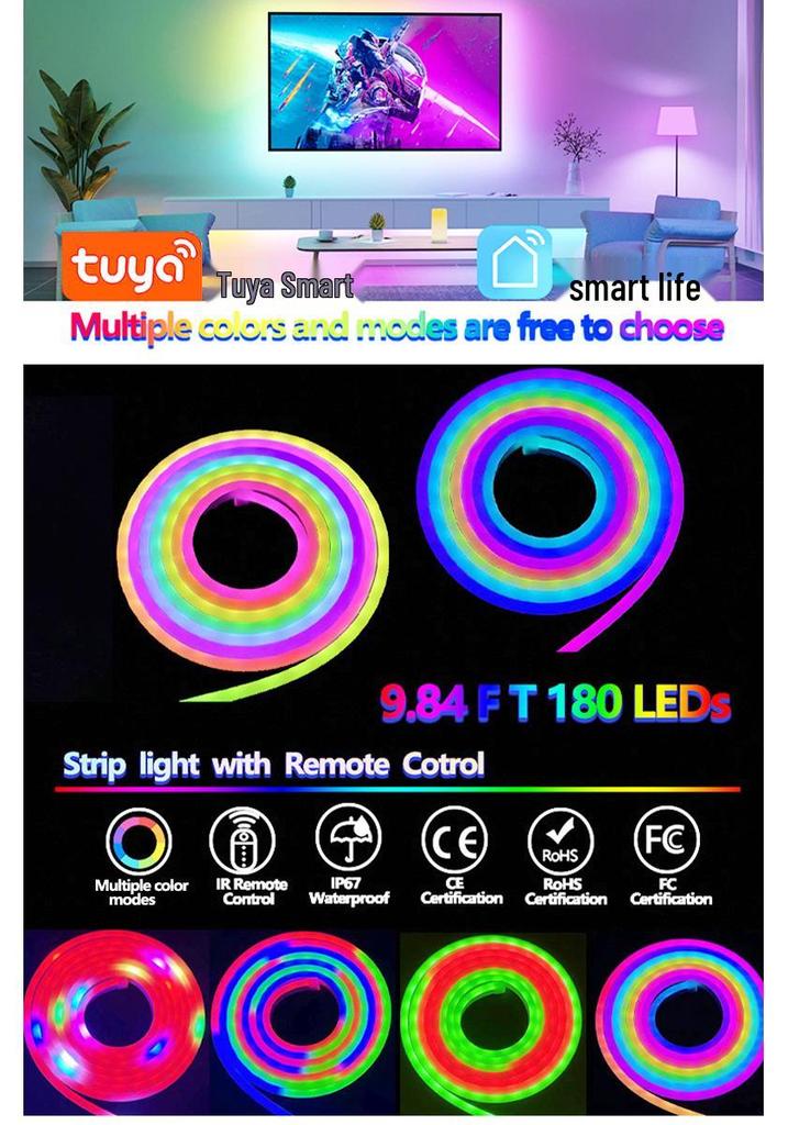 WiFi Bluetooth Color-Changing Neon Music Light Strip, USB Flexible Silicone, DIY Shape, Smart Running Light