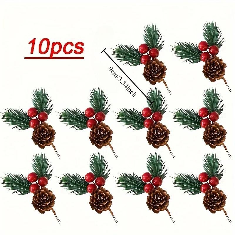 Набор из 10 штук искусственных сосновых шишек и красных ягод - Идеально подходит для верхушек рождественской елки, праздничных украшений и поделок