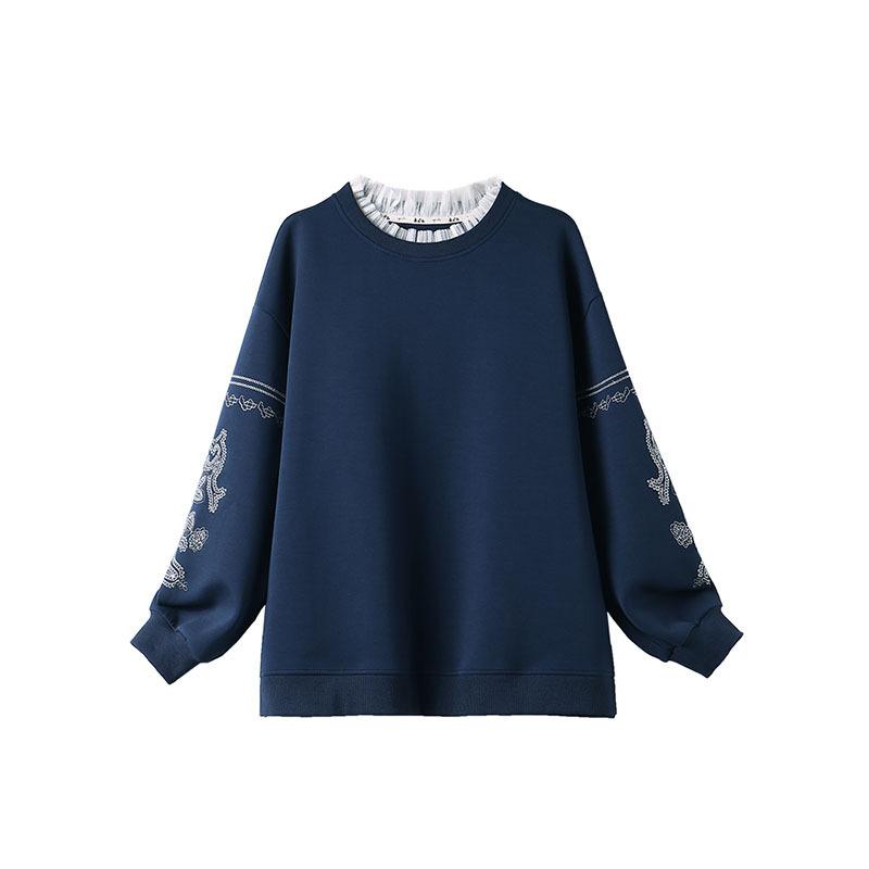 

Осенний женский модный вышитый кружевной круглый свитер с горловиной S темно-синий