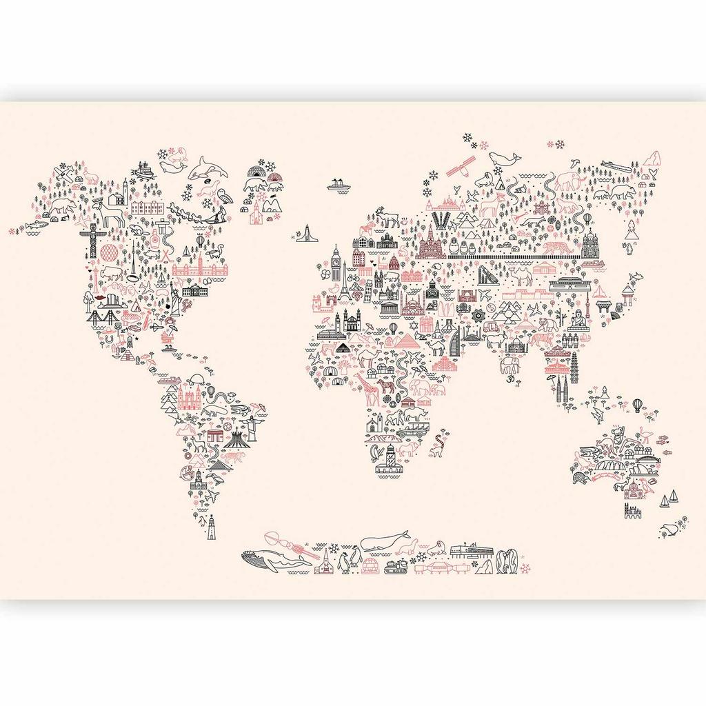 Fototapeta - Mapa Z Ikon - Rysunkowe Przedstawienie Świata W Pastelowych Kolorach
