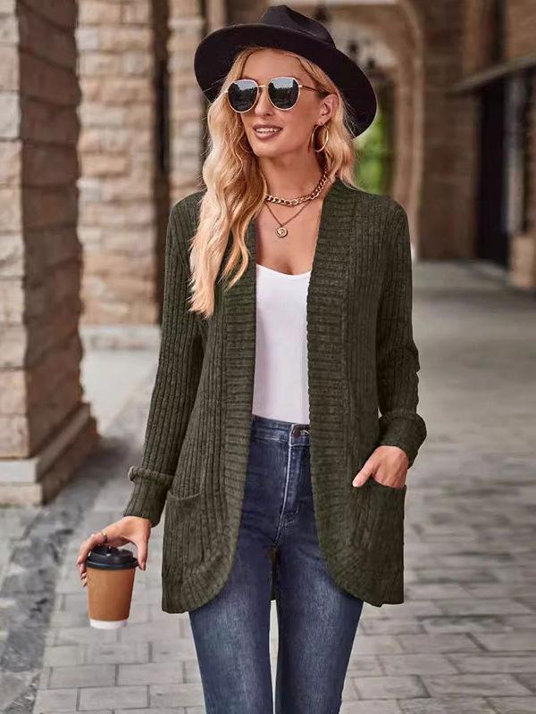 2025 Autumn Solid Color Ribbed Brushed Patchwork Long Sleeve Cardigan Jacket