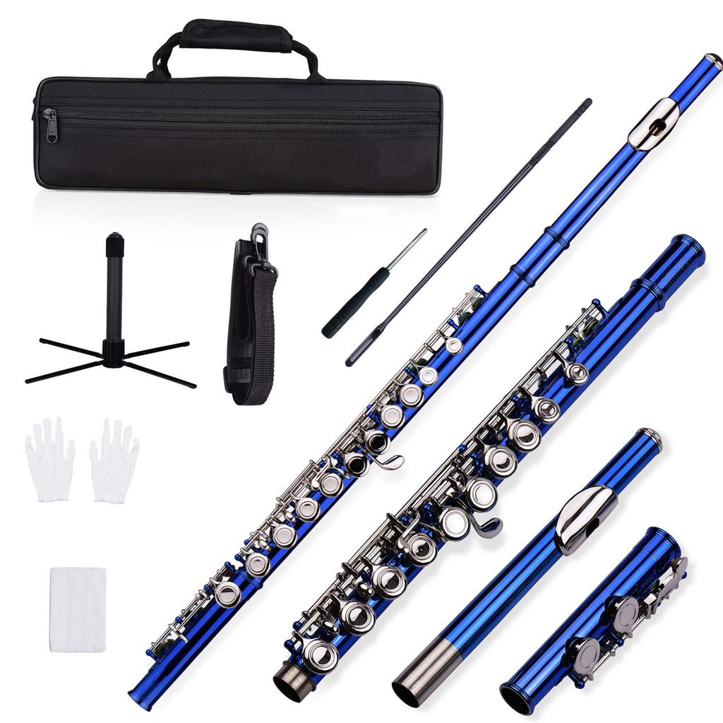 Closed Hole C Flute 16 Keys Cupronickel Nickel plated Wind Instrument with Carry Case Flute Stand Gloves Cleaning Cloth