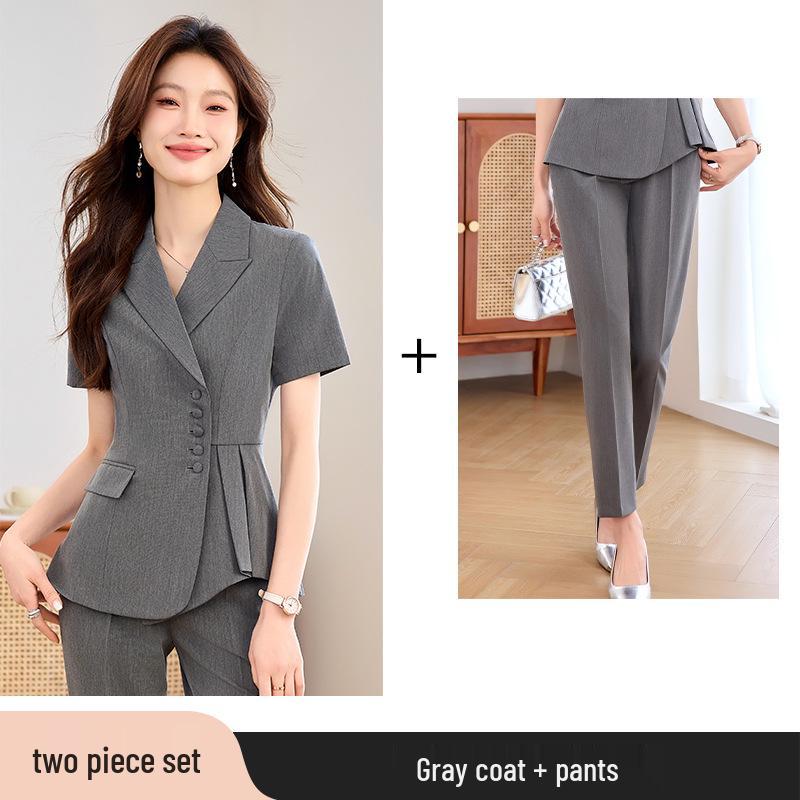 Gray Women's Short-Sleeved Suit Set: Summer Petite Professional Formal Wear for Jewelry Store Managers and Beauty Salon Workwear