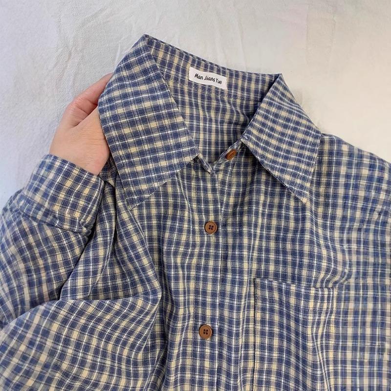 

Miao Anna s New Blue Plaid Shirt with Women s Layering Shirt Niche Comfortable Design Casual Top S синий