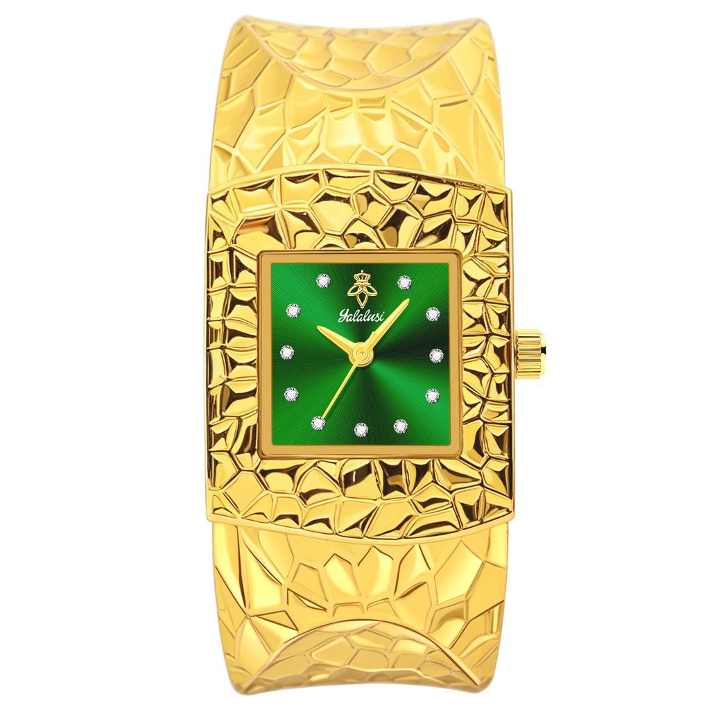 YaLaLuSi Gold Open Cuff Women Watch Square Green Dial Crystal Quartz Wrist Watch Luxury Gift Watch For Her