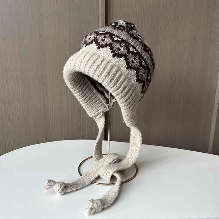 Fair Island Style Knitted Wool Hat Children's Winter New Lazy Straps Stacking Hat Thermal Ear Protection Bag Head