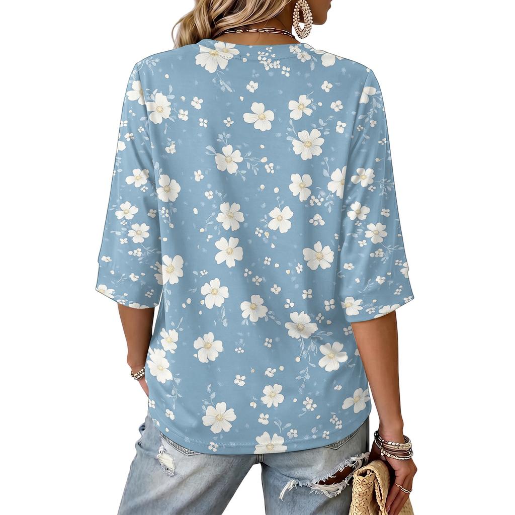 Women's V-Neck Print Lightweight Blouse for Spring and Summer