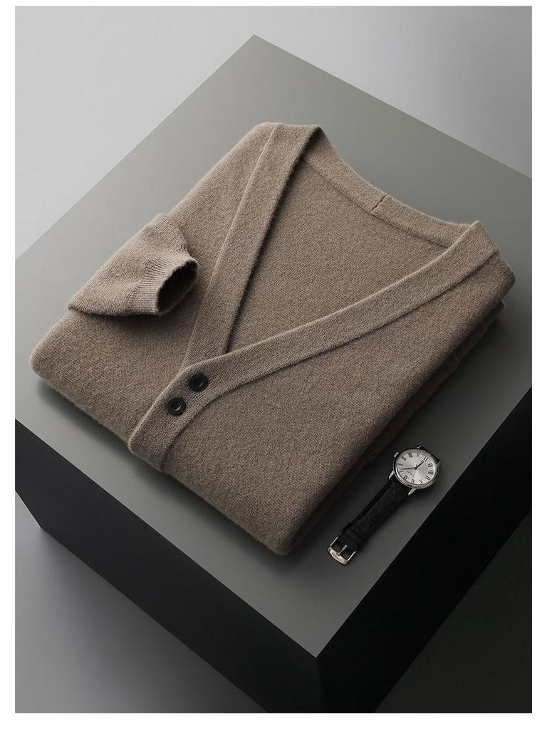Men's V-Neck Pure Wool Cardigan, Plus Size, Middle-Aged & Elderly, Loose Fit, Solid Color, Casual Knit Outerwear for Autumn & Winter.