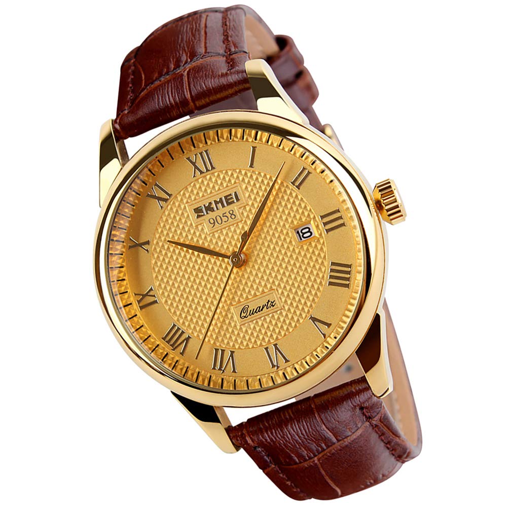 

SKMEI Business Leather Quartz Date Day of the Week Day Gift Men s Watch, Waterproof, Gold/Brown Strap, Movement, Analog, Stylish, Classic, Casual,