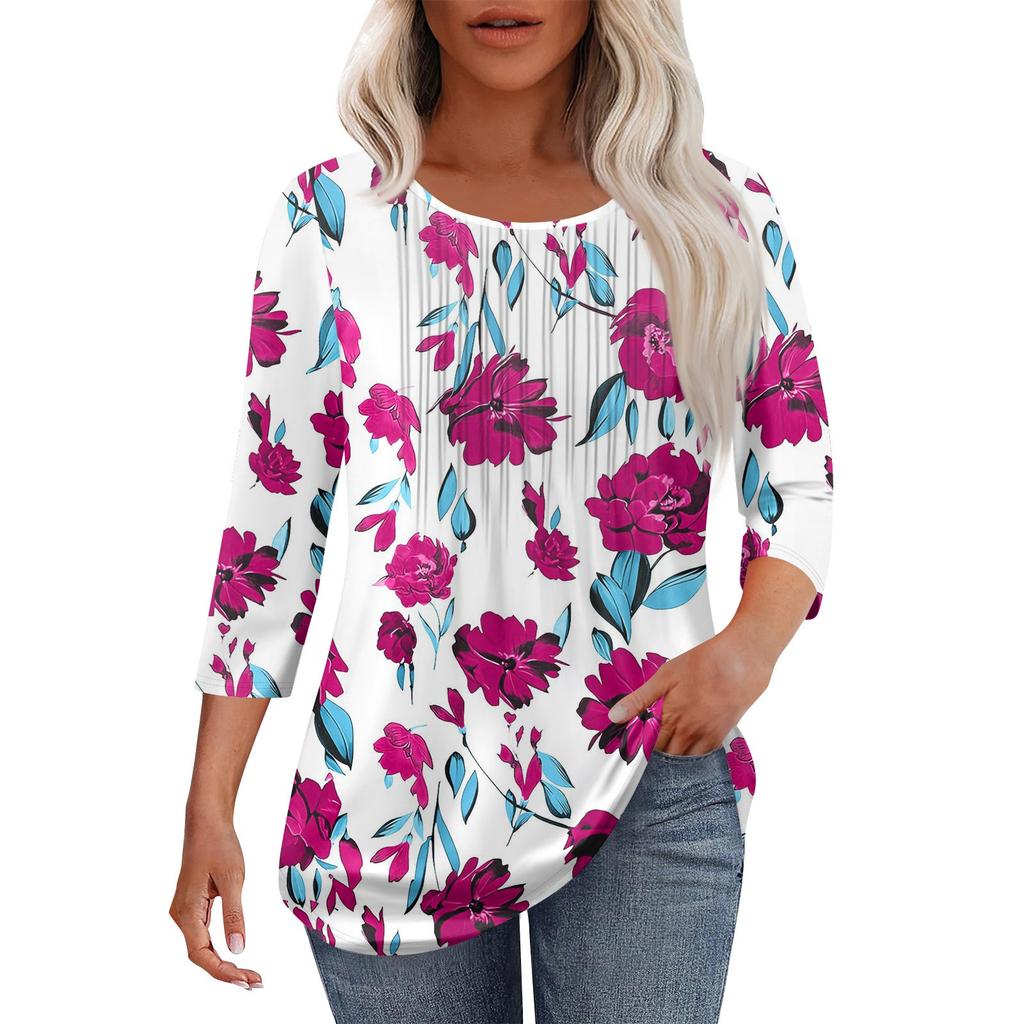 Women's Fashionable Casual Pleated Round Neck Casual Floral Print Seven Quarter Sleeved T-shirt Top