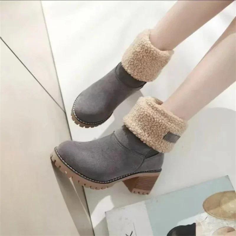 Fashion Autumn and Winter Fashion New Casual Comfortable Plus Velvet Warm Square Heel Round Toe Solid Color Women's  Ankle Boots Shoes